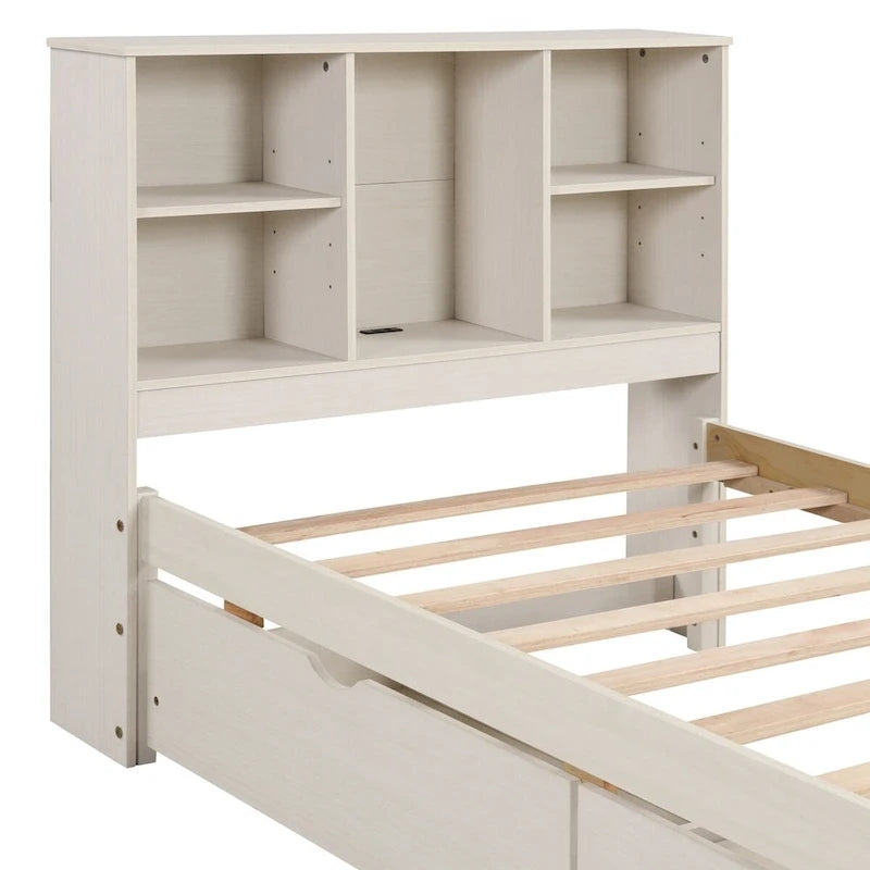 Modern Twin Size Bed Frame With Built-in USB Port on Bookcase Headboard and 2 Drawers for