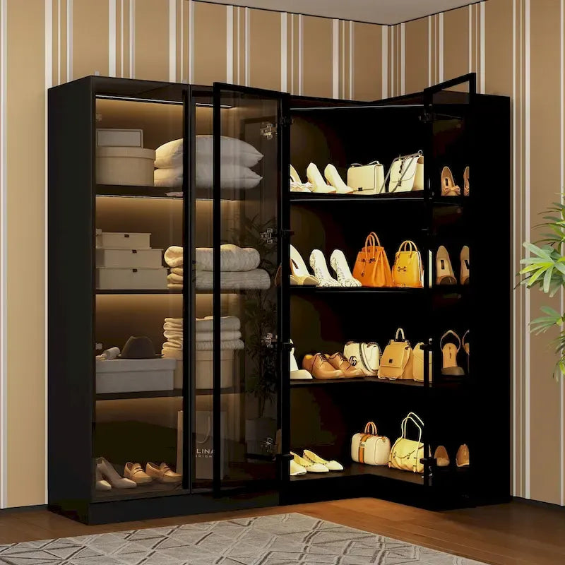 Black Glass Door Wardrobe Set with Lighting Strips, Storage Cabinet