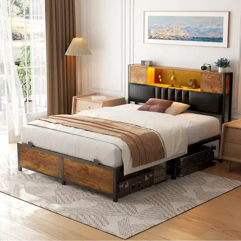 Farmhouse Bed Frame with Holey Board, Upholstered Headboard Platform Bed with Charging Station