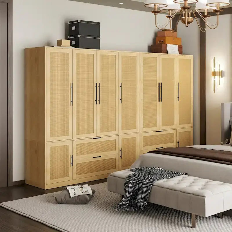 110W Rattan Style Family Wardrobe Armoire Closet Storage Set - N/A