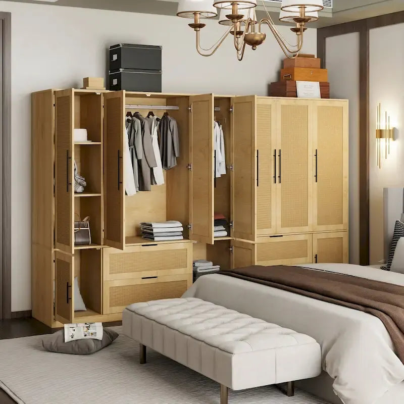 110W Rattan Style Family Wardrobe Armoire Closet Storage Set - N/A