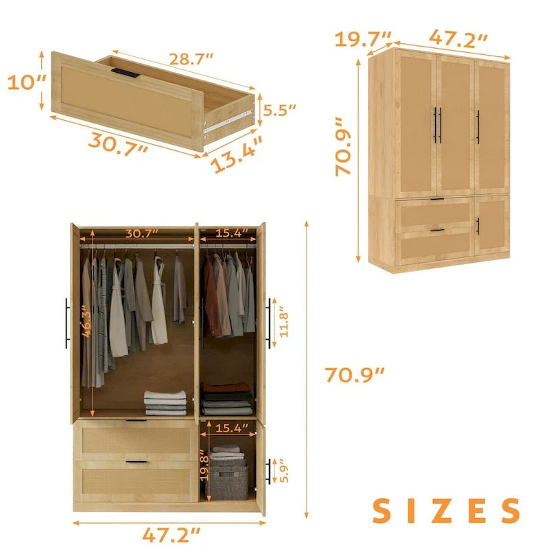 110W Rattan Style Family Wardrobe Armoire Closet Storage Set - N/A