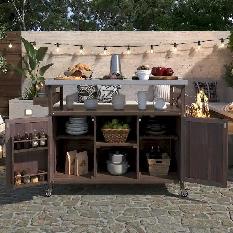 50.25 in. Farmhouse Solid Wood Outdoor Kitchen Island Grill Cart with Stainless Steel Top