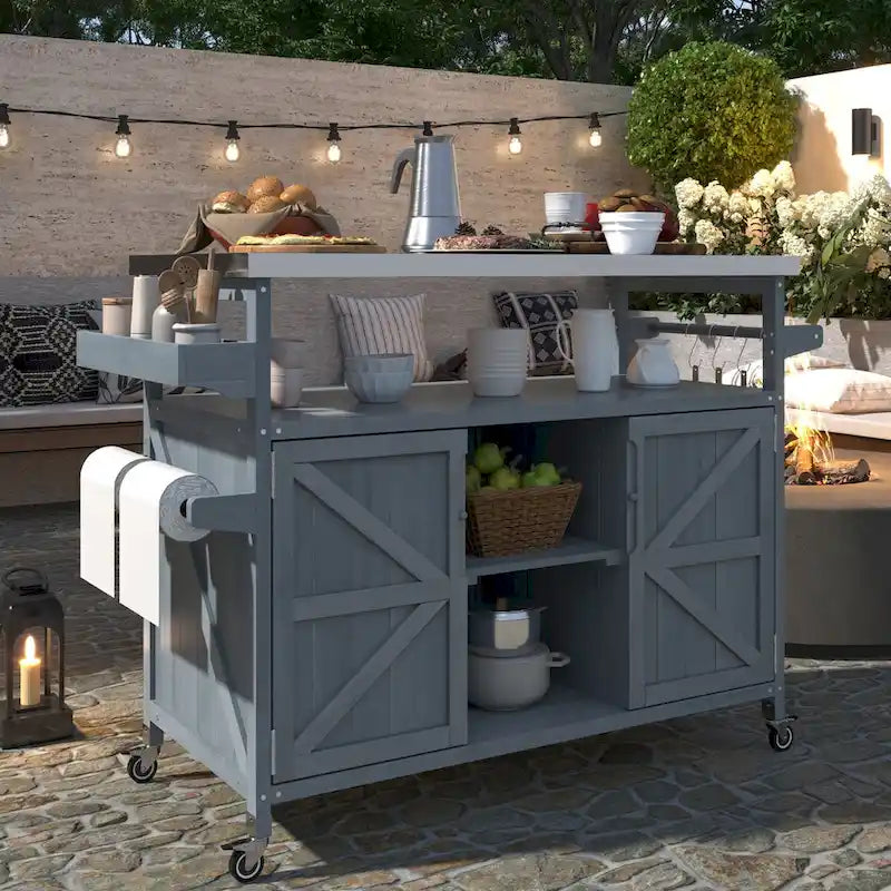 50.25 in. Farmhouse Solid Wood Outdoor Kitchen Island Grill Cart with Stainless Steel Top