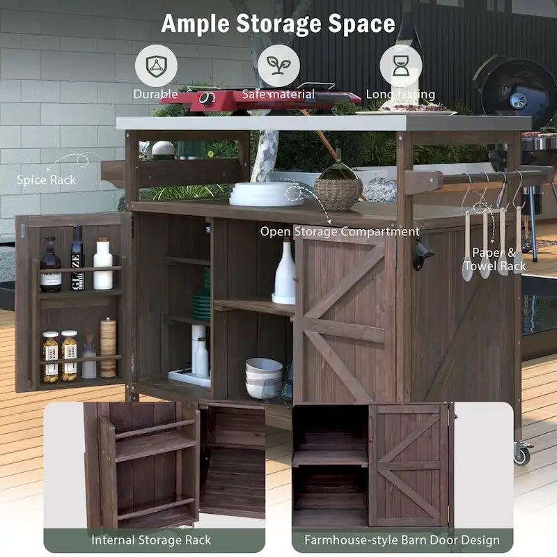 50.25 in. Farmhouse Solid Wood Outdoor Kitchen Island Grill Cart with Stainless Steel Top