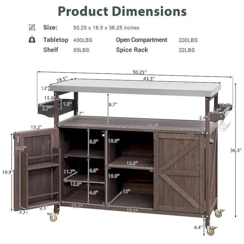 50.25 in. Farmhouse Solid Wood Outdoor Kitchen Island Grill Cart with Stainless Steel Top