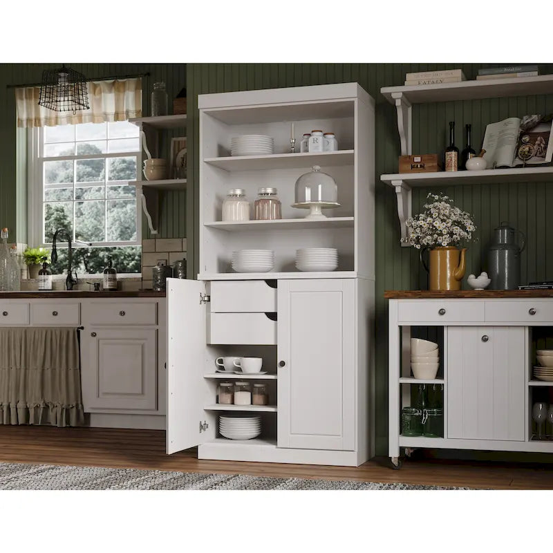 100% Solid Wood Kitchen Pantry Cabinet with 2 Clear Glass or Solid Wood Doors and 2-Drawer Organizer by Palace Imports