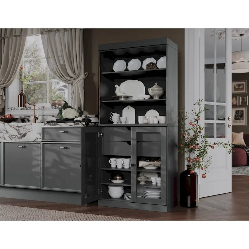 100% Solid Wood Kitchen Pantry Cabinet with 2 Clear Glass or Solid Wood Doors and 2-Drawer Organizer by Palace Imports