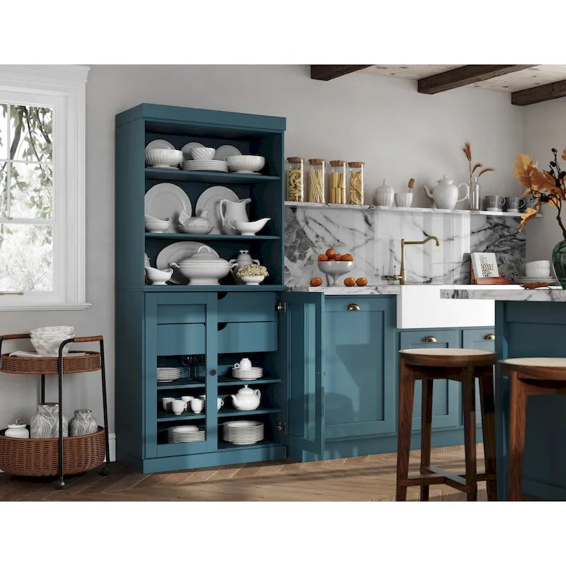 100% Solid Wood Kitchen Pantry Cabinet with 2 Clear Glass or Solid Wood Doors and 2-Drawer Organizer by Palace Imports