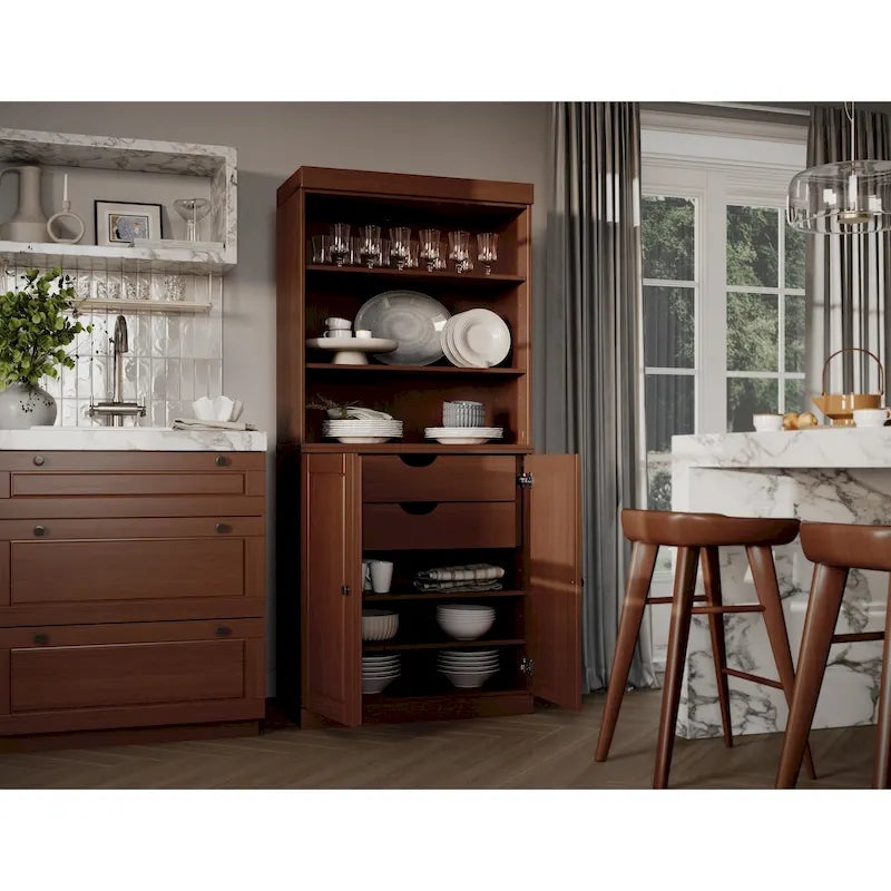 100% Solid Wood Kitchen Pantry Cabinet with 2 Clear Glass or Solid Wood Doors and 2-Drawer Organizer by Palace Imports