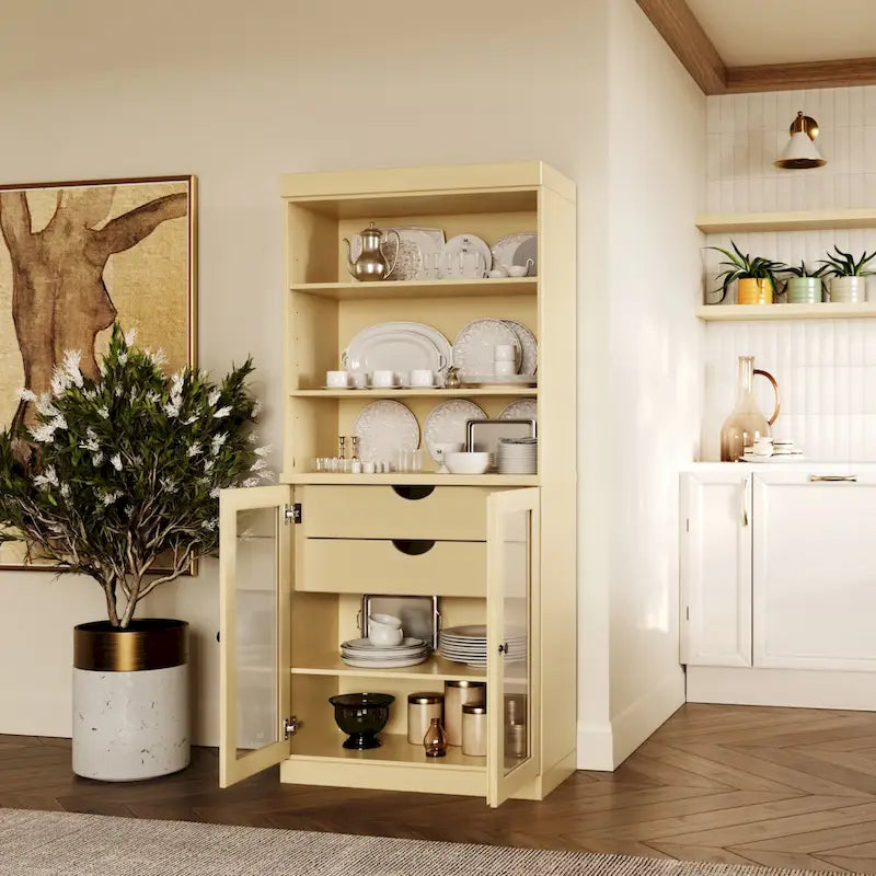 100% Solid Wood Kitchen Pantry Cabinet with 2 Clear Glass or Solid Wood Doors and 2-Drawer Organizer by Palace Imports