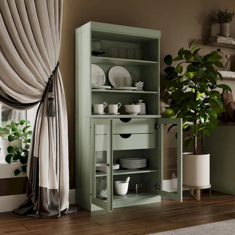 100% Solid Wood Kitchen Pantry Cabinet with 2 Clear Glass or Solid Wood Doors and 2-Drawer Organizer by Palace Imports