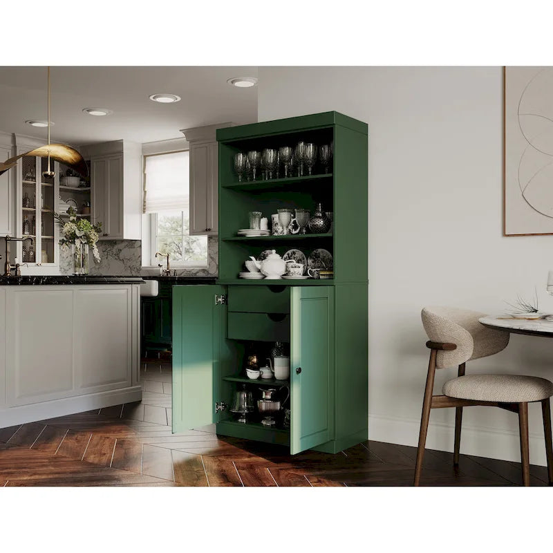 100% Solid Wood Kitchen Pantry Cabinet with 2 Clear Glass or Solid Wood Doors and 2-Drawer Organizer by Palace Imports