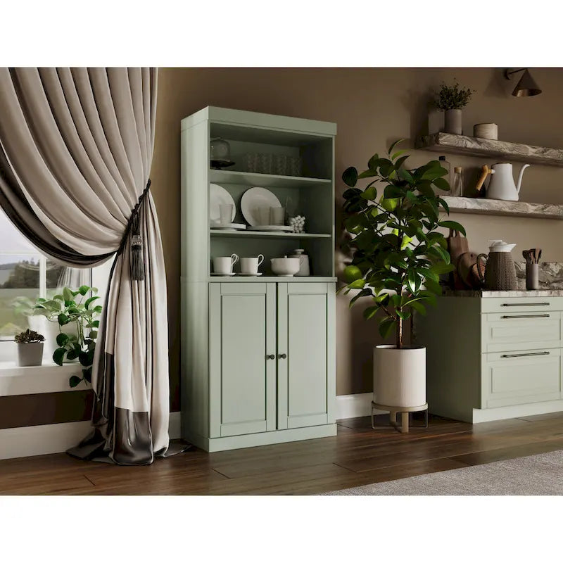 100% Solid Wood Kitchen Pantry Cabinet with 2 Clear Glass or Solid Wood Doors and 2-Drawer Organizer by Palace Imports