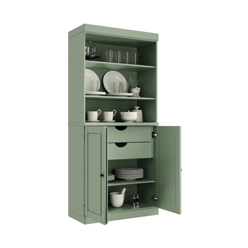 100% Solid Wood Kitchen Pantry Cabinet with 2 Clear Glass or Solid Wood Doors and 2-Drawer Organizer by Palace Imports