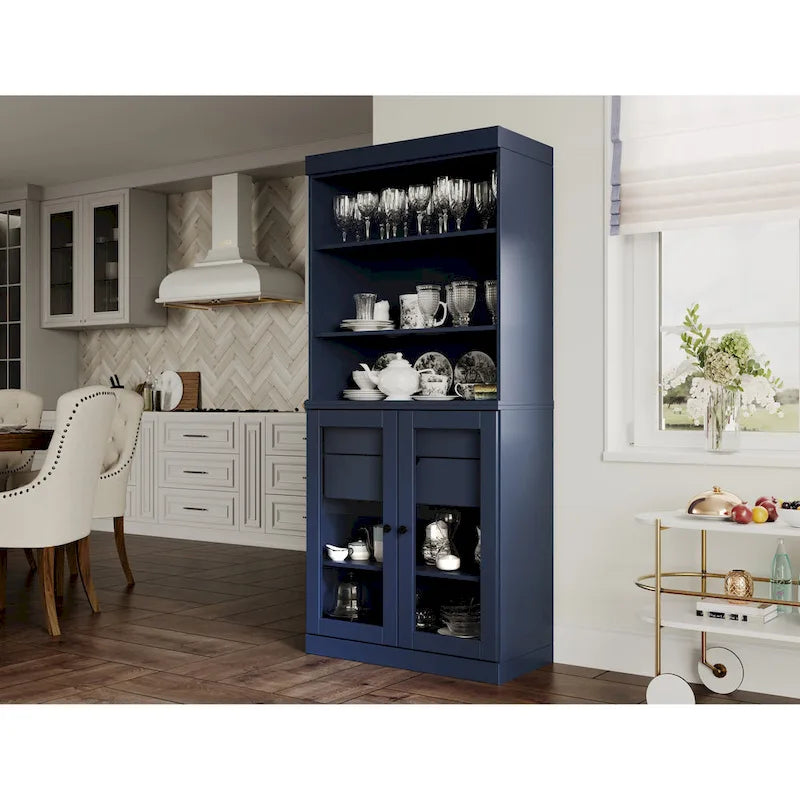100% Solid Wood Kitchen Pantry Cabinet with 2 Clear Glass or Solid Wood Doors and 2-Drawer Organizer by Palace Imports