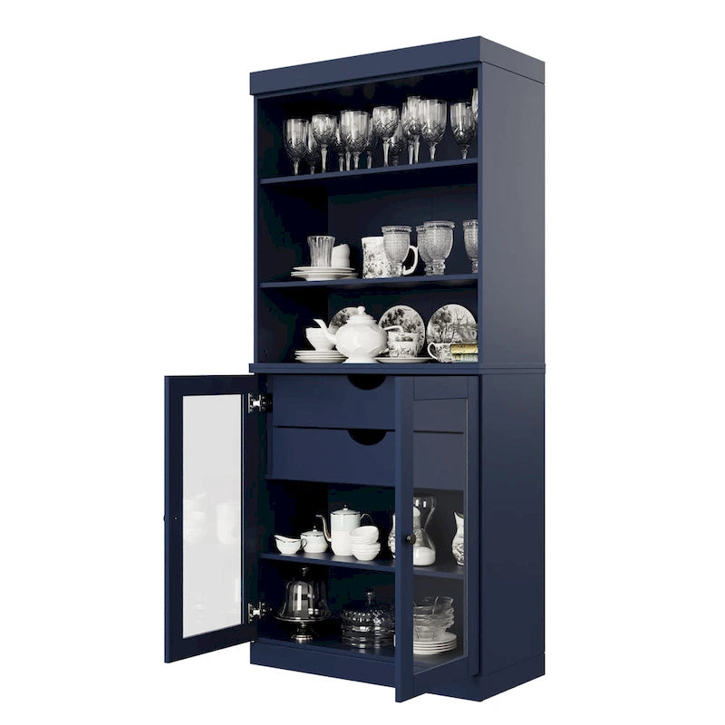 100% Solid Wood Kitchen Pantry Cabinet with 2 Clear Glass or Solid Wood Doors and 2-Drawer Organizer by Palace Imports