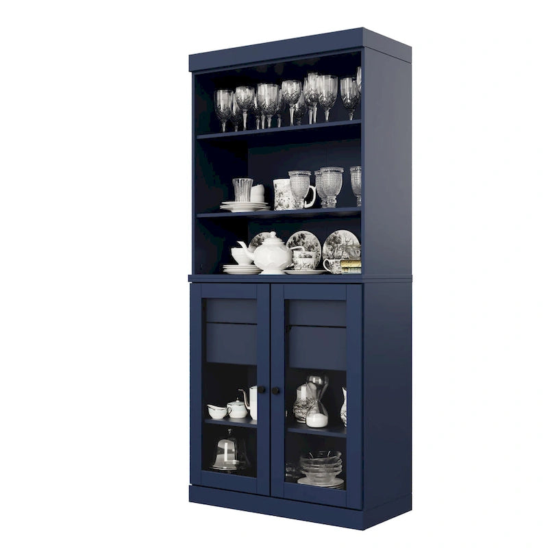 100% Solid Wood Kitchen Pantry Cabinet with 2 Clear Glass or Solid Wood Doors and 2-Drawer Organizer by Palace Imports