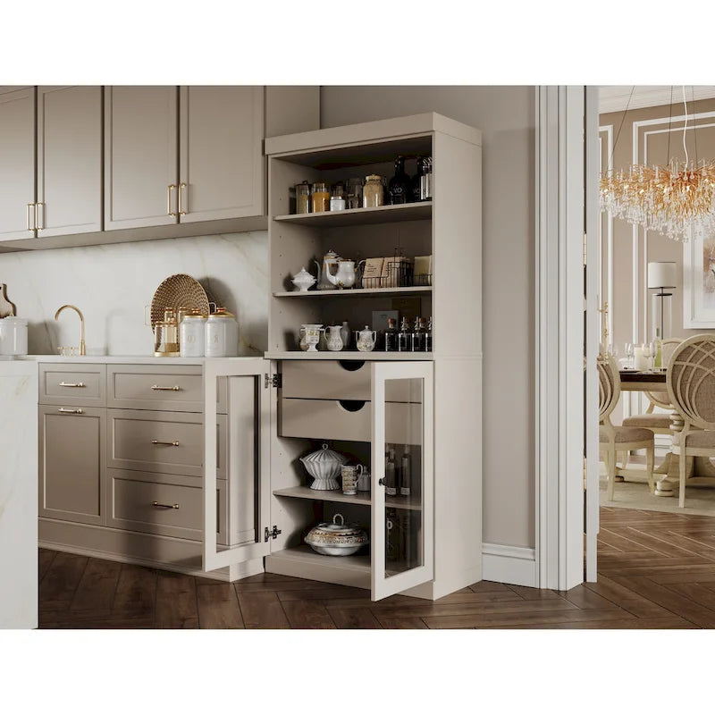 100% Solid Wood Kitchen Pantry Cabinet with 2 Clear Glass or Solid Wood Doors and 2-Drawer Organizer by Palace Imports