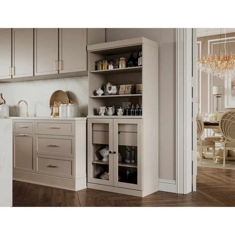 100% Solid Wood Kitchen Pantry Cabinet with 2 Clear Glass or Solid Wood Doors and 2-Drawer Organizer by Palace Imports