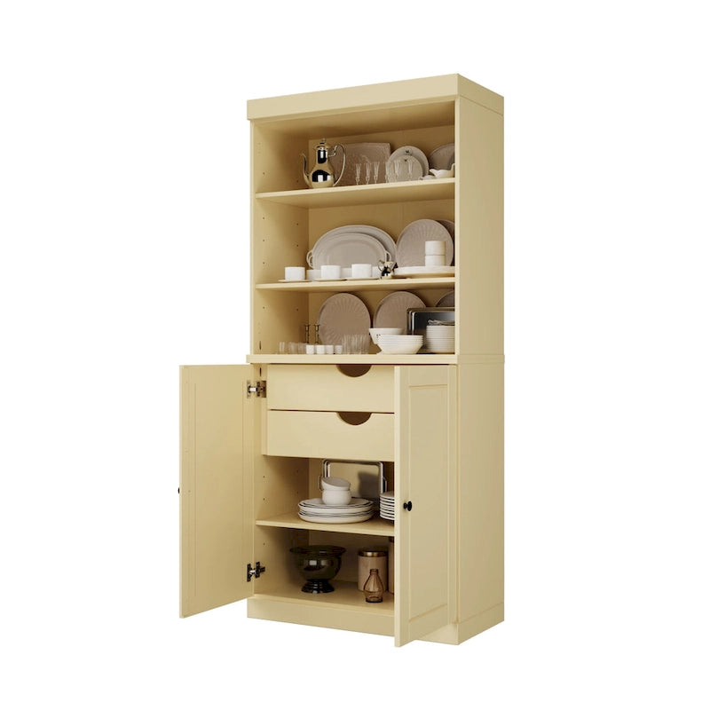 100% Solid Wood Kitchen Pantry Cabinet with 2 Clear Glass or Solid Wood Doors and 2-Drawer Organizer by Palace Imports
