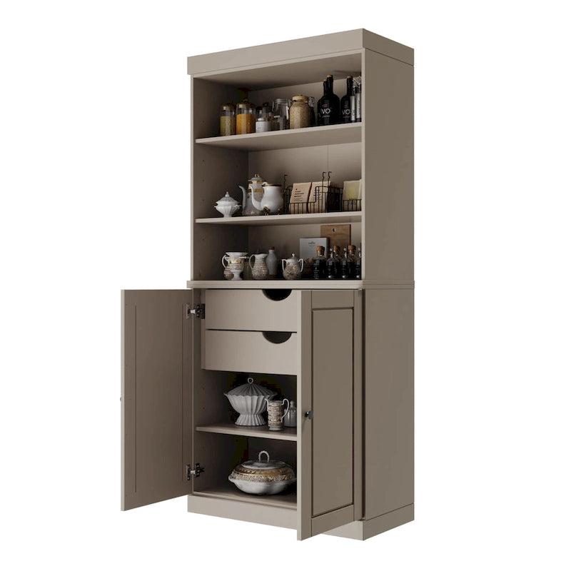 100% Solid Wood Kitchen Pantry Cabinet with 2 Clear Glass or Solid Wood Doors and 2-Drawer Organizer by Palace Imports
