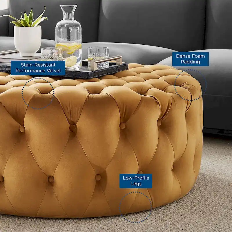 Amour Tufted Button Large Round Performance Velvet Ottoman