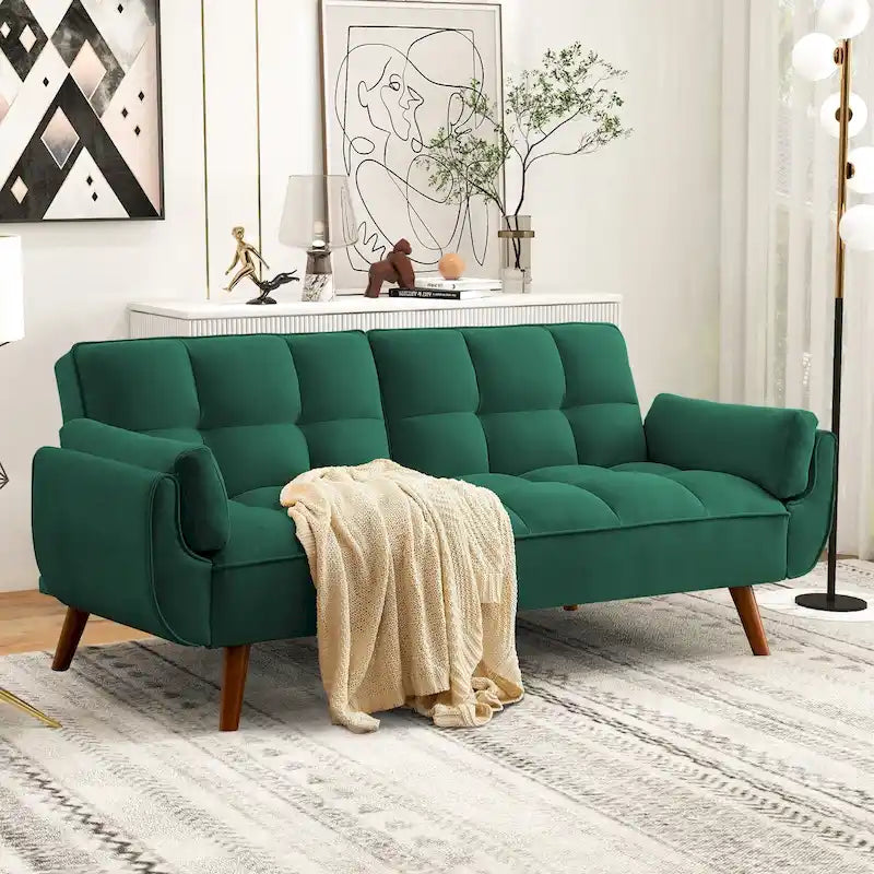 Futon Sofa Bed, Convertible Folding Futon Couch Recliner Lounge For Living Room With 2 Pillow/Armrest