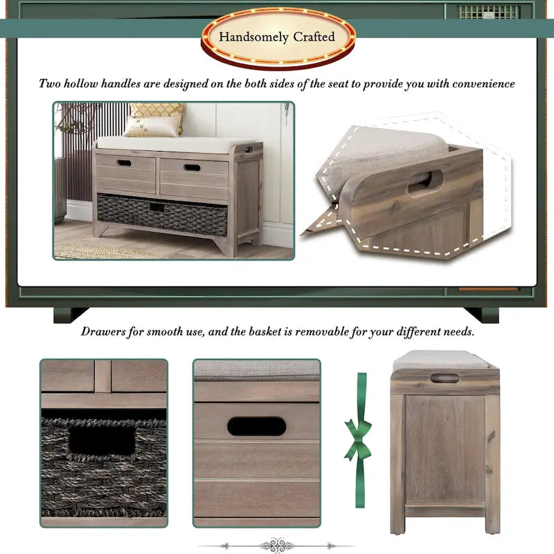 Storage Bench with Removable Basket and 2 Drawers, Fully Assembled Shoe Bench with Removable Cushion