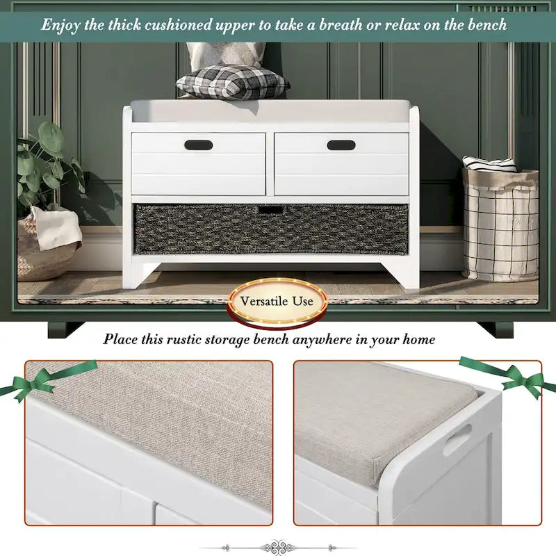 Storage Bench with Removable Basket and 2 Drawers, Fully Assembled Shoe Bench with Removable Cushion