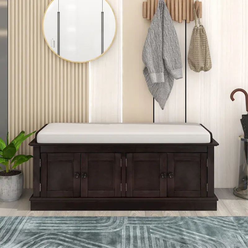 Storage Shoes Bench with 4 Doors and Adjustable Shelves, Removable Cushion