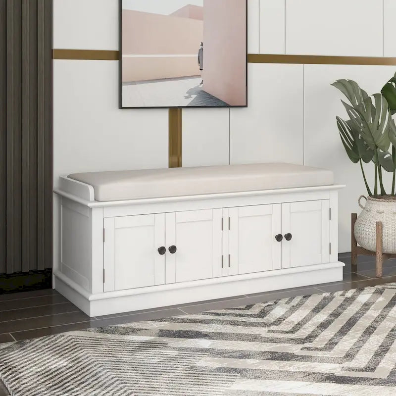 Storage Shoes Bench with 4 Doors and Adjustable Shelves, Removable Cushion