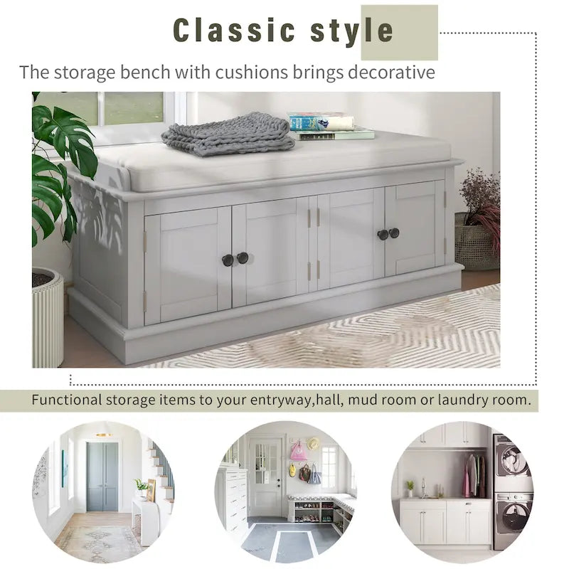 Storage Shoes Bench with 4 Doors and Adjustable Shelves, Removable Cushion