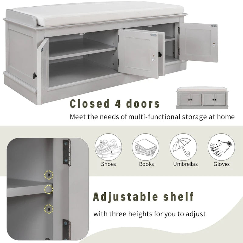 Storage Shoes Bench with 4 Doors and Adjustable Shelves, Removable Cushion