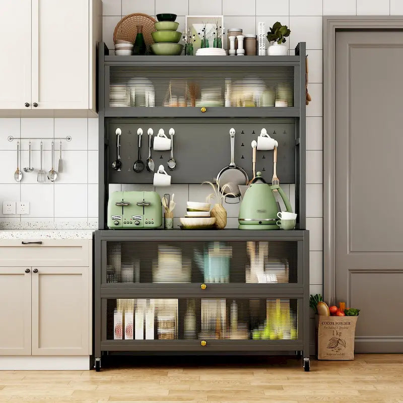 Kitchen Storage Cabinets with wheels - Bakers Rack Countertop, Microwave Oven Shelf Cabinet, Storage Organizer