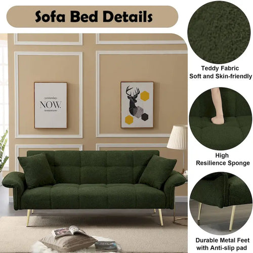 70.1 futon sofa bed, convertible double sofa bed with folding armrests for living rooms and small Spaces