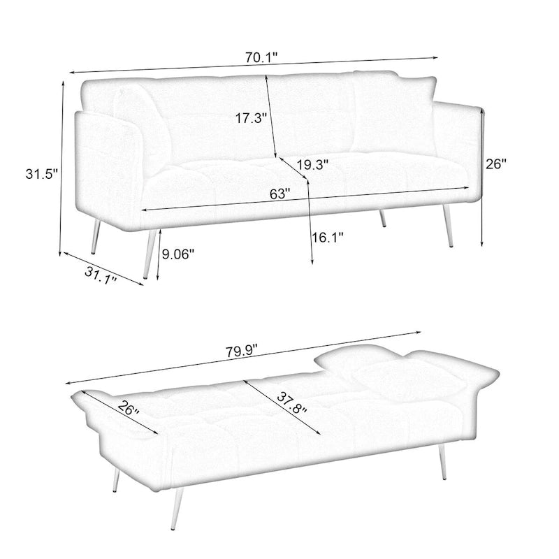 70.1 futon sofa bed, convertible double sofa bed with folding armrests for living rooms and small Spaces
