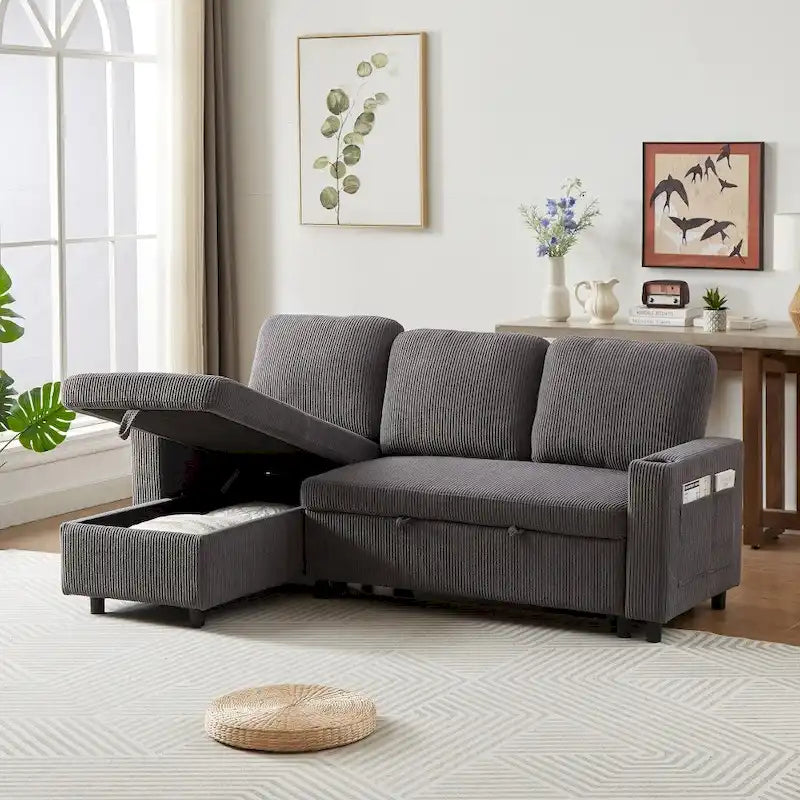 L-Shaped Comfortable Corduroy Combo Sofa with Pullout Bed and Storage