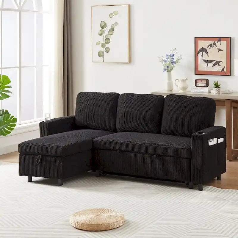 L-Shaped Comfortable Corduroy Combo Sofa with Pullout Bed and Storage
