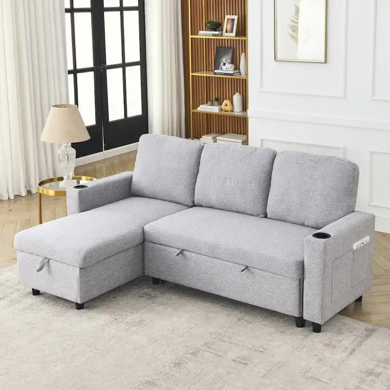 L-Shaped Comfortable Corduroy Combo Sofa with Pullout Bed and Storage