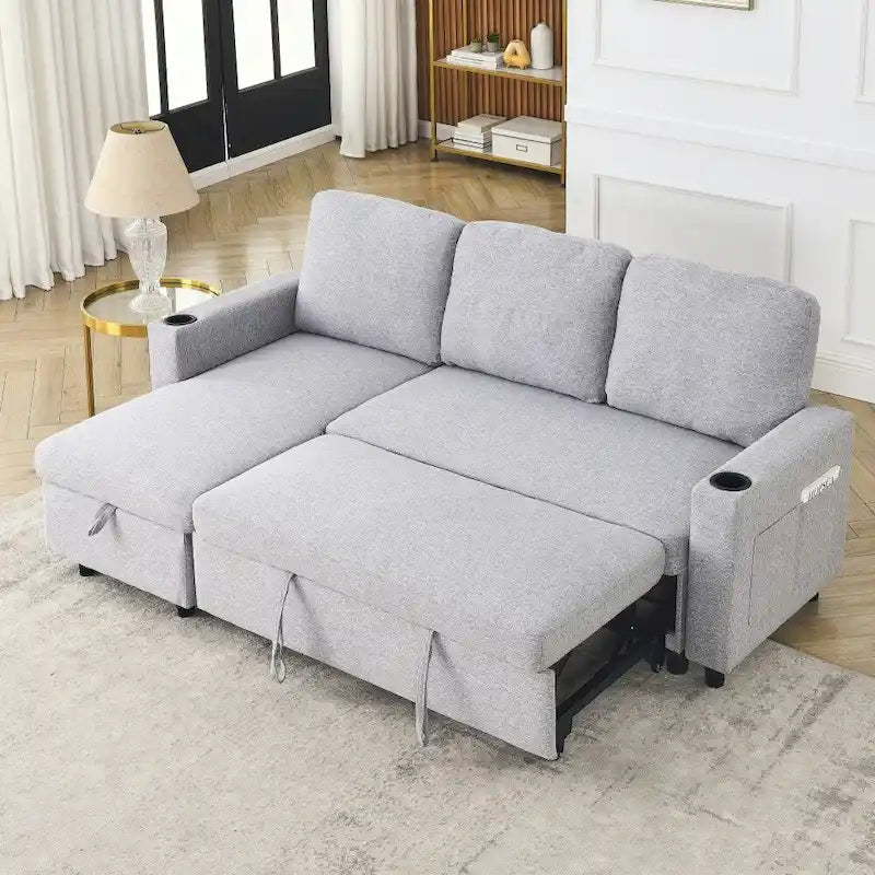 L-Shaped Comfortable Corduroy Combo Sofa with Pullout Bed and Storage