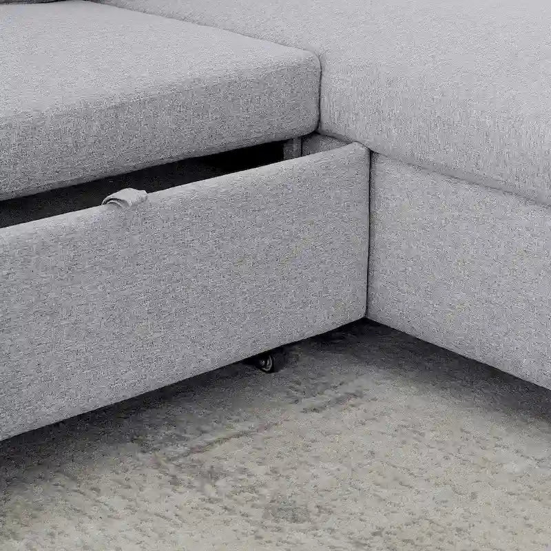 L-Shaped Comfortable Corduroy Combo Sofa with Pullout Bed and Storage