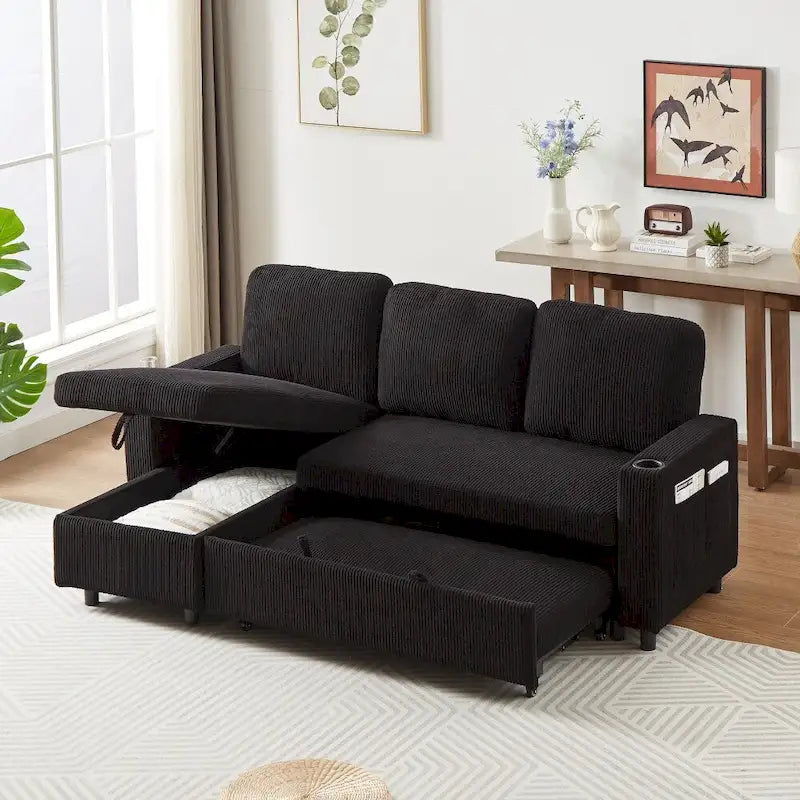 L-Shaped Comfortable Corduroy Combo Sofa with Pullout Bed and Storage