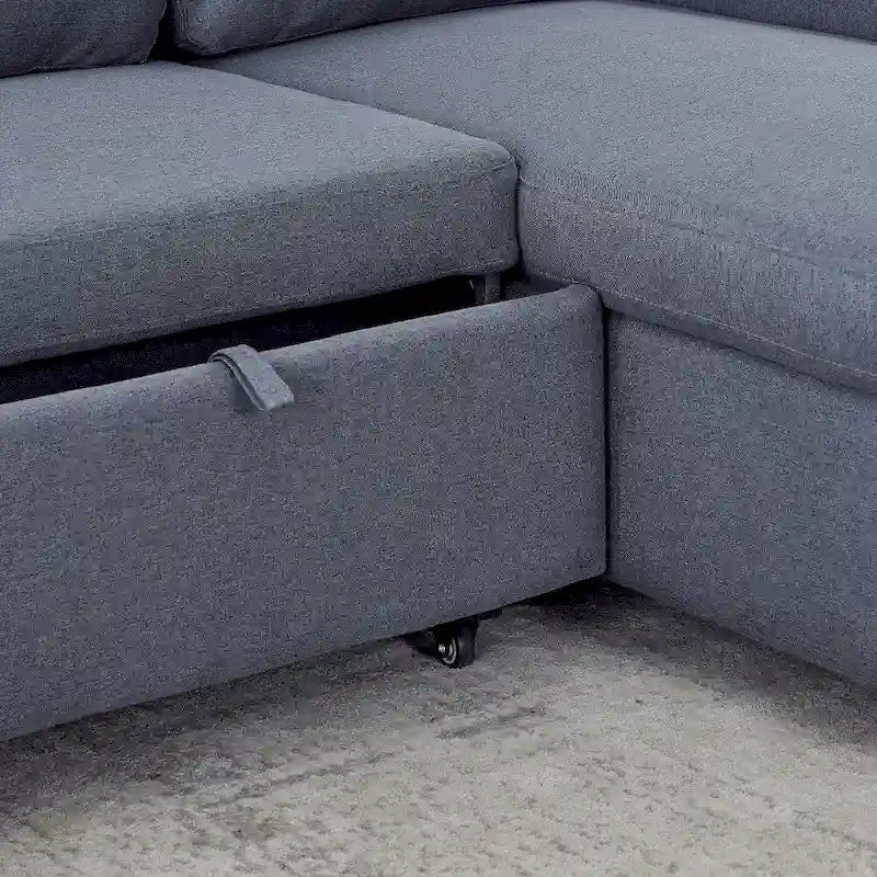 L-Shaped Comfortable Corduroy Combo Sofa with Pullout Bed and Storage