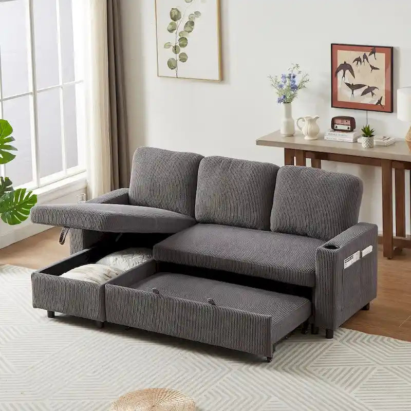 L-Shaped Comfortable Corduroy Combo Sofa with Pullout Bed and Storage