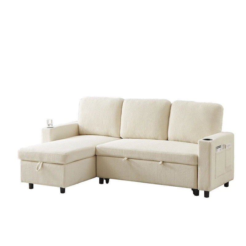 L-Shaped Comfortable Corduroy Combo Sofa with Pullout Bed and Storage
