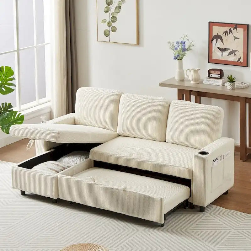 L-Shaped Comfortable Corduroy Combo Sofa with Pullout Bed and Storage