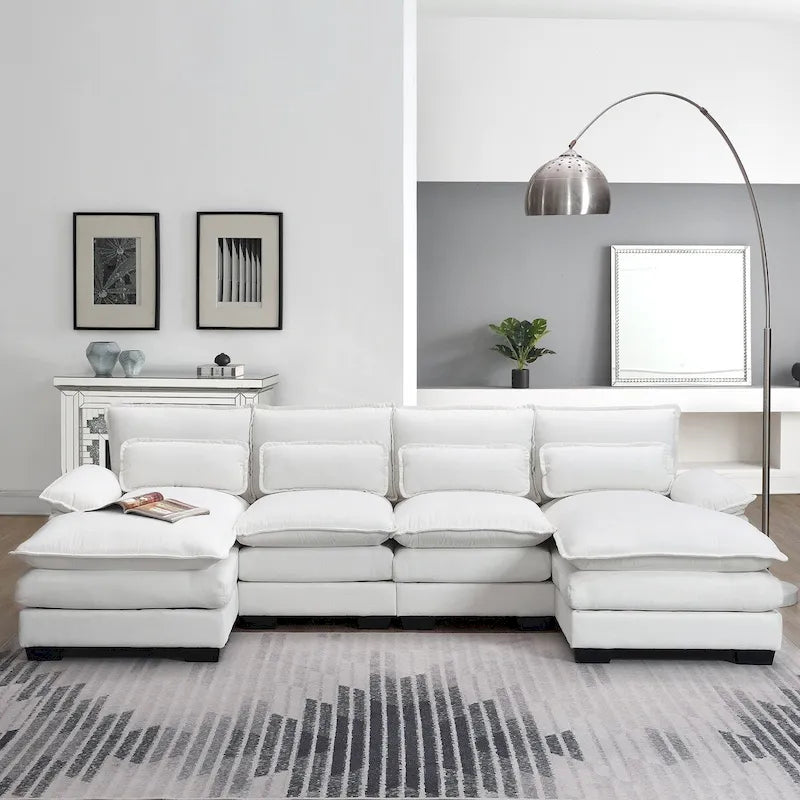 6-seat Upholstered Modern U-shaped Sectional Sofa with Waist Pillows,Sleeper Sofa Couch with Chaise Lounge,White
