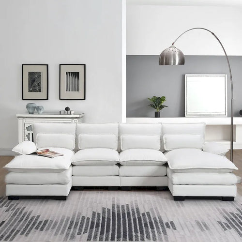 6-seat Upholstered Modern U-shaped Sectional Sofa with Waist Pillows,Sleeper Sofa Couch with Chaise Lounge,White