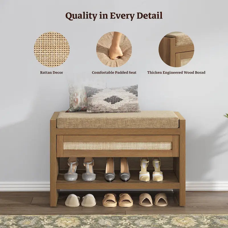SICOTAS Rattan Shoe Bench Entryway Shoe Rack with Storage Organizer Drawer and Cushion